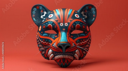 Animal spirit mask flat design front view tribal background 3D render split-complementary color scheme