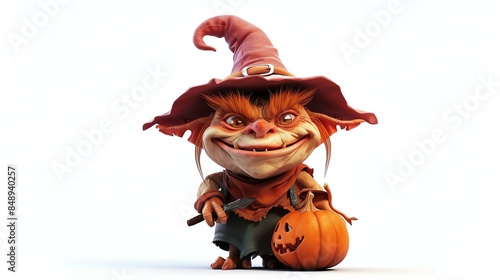 Little goblin with a knife and a pumpkin. 3D rendering.