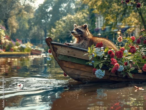 A raccoon sits in a boat full of flowers, leisurely floating down a river. AI.