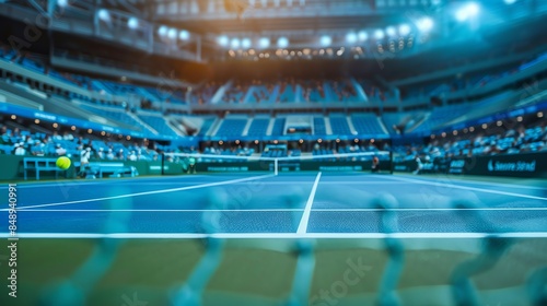 The image is a night view of a tennis court with a blue surface. The net is in the foreground and the court is blurred in the background.