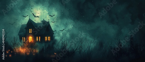 Spooky Halloween background with haunted house and bats. Orange and black color scheme for classic Halloween aesthetics.