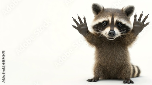 A cute raccoon is standing on its hind legs with its paws in the air. It has a surprised expression on its face and is looking at the viewer.