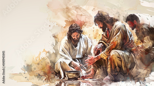 A watercolor painting depicting Jesus washing the feet of one of his disciples, symbolizing humility and service