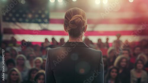 Woman presidential candidate on at the meeting with people; USA election concept