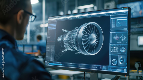 Close Up of a Desktop Computer Monitor Screen with 3D CAD Software with Prototype Jet Engine Project. Specialist Discussing Work, His Hand Visible In Front of the Screen