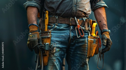 A maintenance worker, equipped with a tool bag securely fastened around their waist, stands ready to tackle any repair or upkeep task.