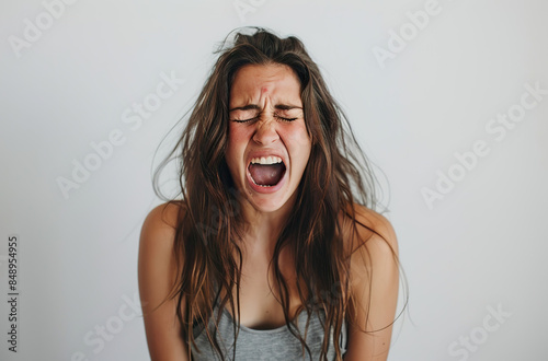 Portrait of young angry woman shouting loudly isolated in front of simple background