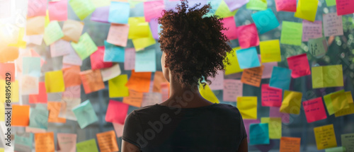 A woman with curly hair gazes at a wall full of colorful sticky notes, symbolizing the process of organizing thoughts and generating ideas.