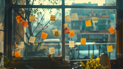 A window with a view of the city. There are many post-it notes on the window. The post-it notes are of various colors and sizes.
