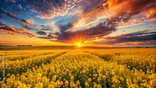 Vibrant orange and yellow hues dance across the sky as a brilliant sunset illuminates a lush canola field in full bloom on a warm spring evening.