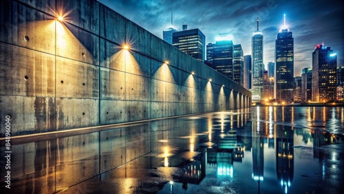 Urban alleyway backdrop with concrete wall and city lights reflecting off wet pavement, symbolizing modern business partnerships and collaborative success.
