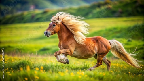 A swift shetland pony gallops freely in a lush green meadow, its tiny legs a blur as it frolics and plays in the open countryside landscape.