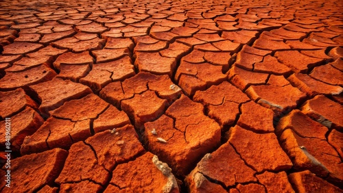 Close-up of arid, fissured, crimson-hued clay soil, exhibiting deep desiccation cracks, evoking a sense of parched, barren landscapes.