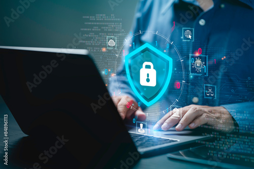 Cybersecurity and privacy concepts to protect data and encryption, secure internet network security technology. Businessman protecting personal data by Lock icon of cyber security.