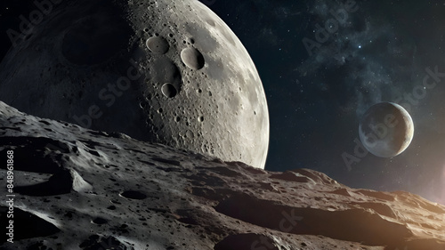 Partial cinematic view of the moon when an asteroid or meteor enters lunar orbit. 3d moonscape background.