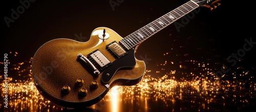 Classic electric guitar with a retro gold sparkle finish ideal for musicians Displays vintage aesthetics in a visually appealing manner with a copy space image