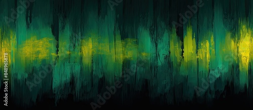 Dark teal green and yellow color gradient vibration artifacts create glitch texture overlay with static noise on a black rough abstract background ideal for copy space image