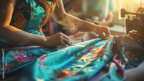 A seamstress works on a traditional sewing machine in her studio. She is wearing a beautiful blue dress with intricate floral embroidery.