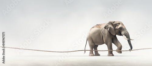 An elephant is walking on a rope against a white background with copy space image