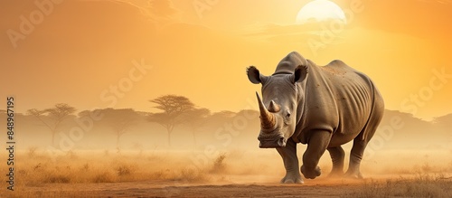 White rhinoceros spotted in dusty South African sunset with a copy space image