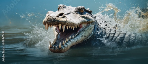 Wildlife conservation concept illustrated by an Australian saltwater crocodile exiting water with a toothy grin in copy space image