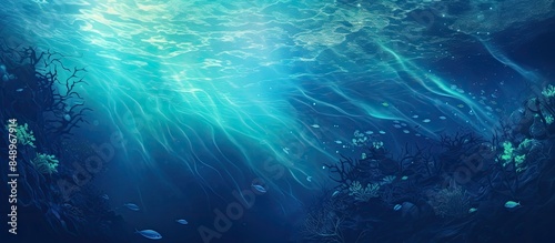Underwater world in shades of cyan and dark marine blue with ink spreading through water enhanced by light casting circular gradients and depth ideal for copy space image