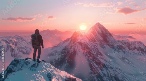 A man is standing on a snowy mountain peak, looking out at the beautiful sunset. The sky is filled with vibrant colors, creating a serene and peaceful atmosphere. The man is wearing a backpack