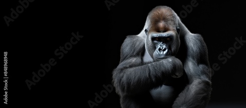 A solitary silverback gorilla seated with copy space image against a blank white backdrop