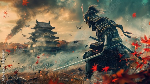 A man in a samurai costume is holding a sword and is surrounded by a group of people. The scene is set in a war-torn area with a large building in the background. Scene is intense and chaotic