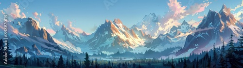 A mountain range with a blue sky in the background anime drawing. The mountains are covered in snow and the trees are green