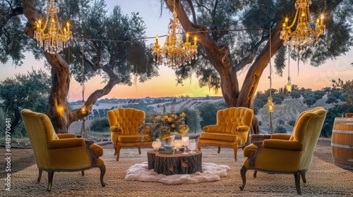 A chic cocktail enclave with mustard yellow velvet armchairs on rustic jute rugs, crystal chandeliers hanging from olive trees, casting a golden hue