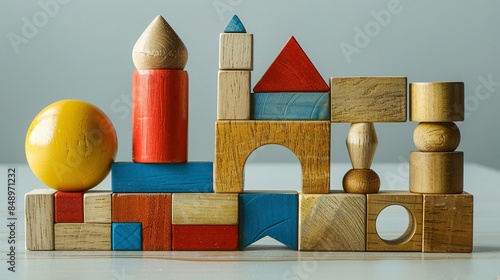 A set of interlocking wooden building blocks in various shapes and primary colors.