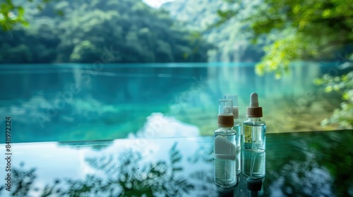 A close-up image of saline nasal spray and eye drops on a reflective glass table, with a tranquil blue lake and lush greenery in the background. This setting symbolizes clarity and refreshment.