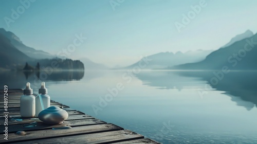 A close-up image of a saline nasal spray and eye drops, positioned on a wooden dock with a calm lake and mountains in the distance. 