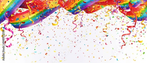 A cheerful Pride Day scene with colorful confetti and rainbow streamers cascading against a white background, perfect for a festive banner