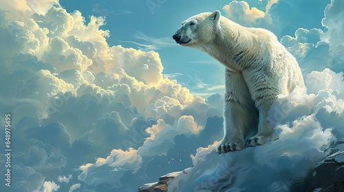 A polar bear analyzing cloudbased climate data, Photorealistic, Cool blues, Digital painting, Arctic survival