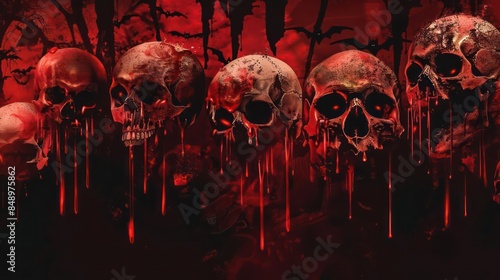 A chilling Halloween banner with bloodred text, dripping letters, and sinister skulls for a horrorthemed celebration