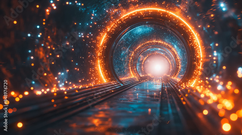 A tunnel with a train going through it. The tunnel is lit up with bright colors and has a futuristic feel to it