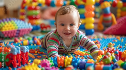 Colorful children's toys scattered on a playmat with a baby playing happily