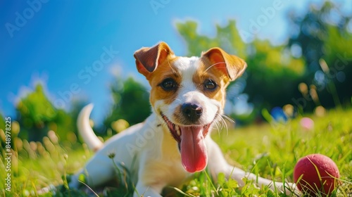Energetic Jack Russell Terrier Playing Fetch in Sunny Park | Cheerful Pet Photography with Vibrant Atmosphere