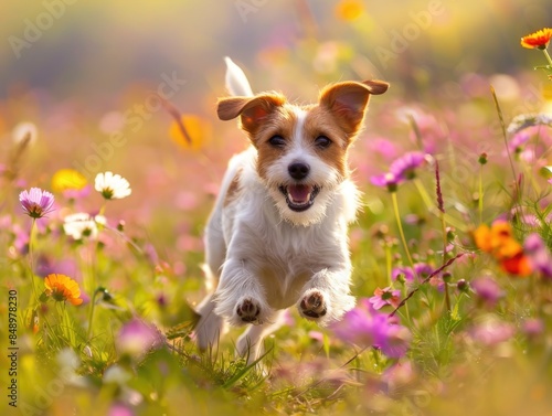 Playful Jack Russell Terrier Enjoying a Sunny Day in Flower Field -