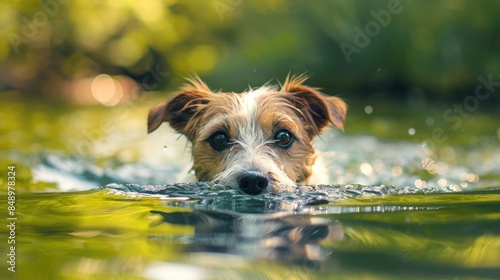 Happy Jack Russell Terrier Enjoying a Swim in a Sparkling Lake on a Sunny Day