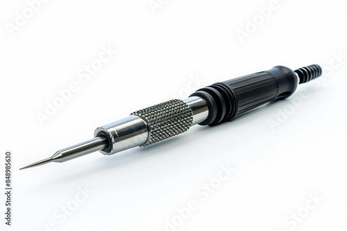 A soldering iron with a pointed tip and ergonomic grip isolated on a white background