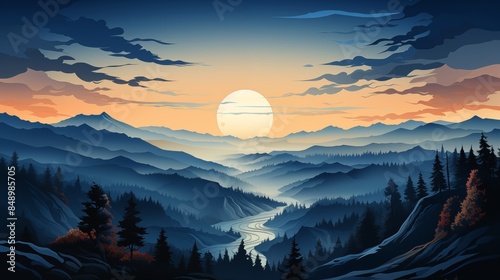 Majestic Sunset Over a Serene Mountain Valley with Meandering River