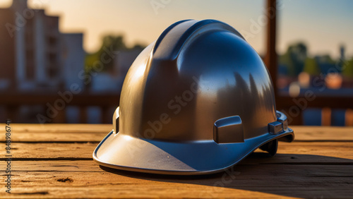 hat and helmet on a wooden board