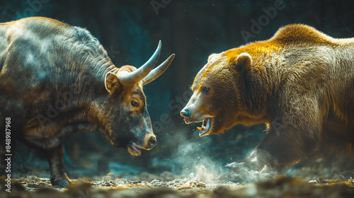 A bear and a bull are fighting in the wild