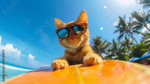 サーフィンをするサングラスをかけた猫