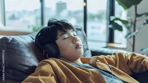 ヘッドフォンをしながらリビングのソファーに横たわる日本人の少年