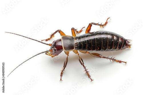 An earwig with pincers on its abdomen and long antennae isolated on a white background