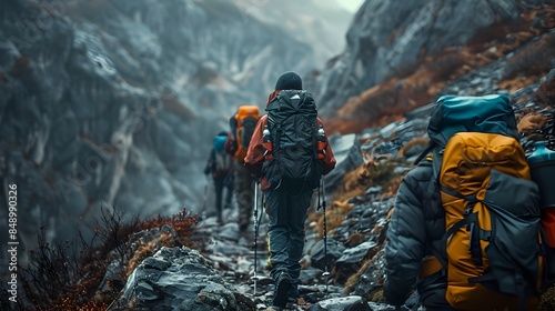 Group of hikers navigating a rugged mountain trail helping each other across difficult sections